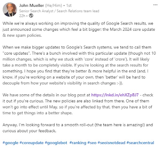 Screenshot of John Mueller's LinkedIn post explaining the March Google updates