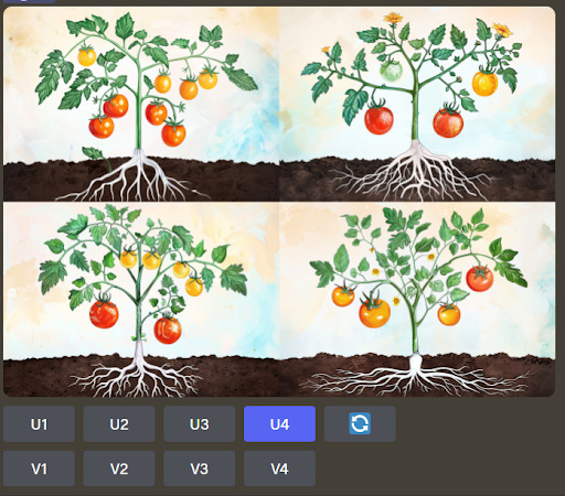 Example images of a tomato plant generated in Midjourney