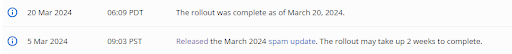 Screenshot of Google Search Status dashboard showing March updates